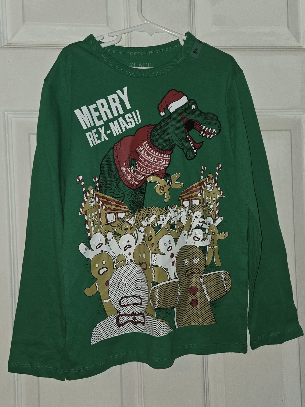 Children's Place Green 'Merry Rex-Mas' Dino Holiday Graphic Long Sleeve Top SZ M